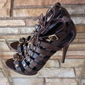 Tory Burch Brown Strappy Gladiator High-Heel Sandals with Gold Hardware